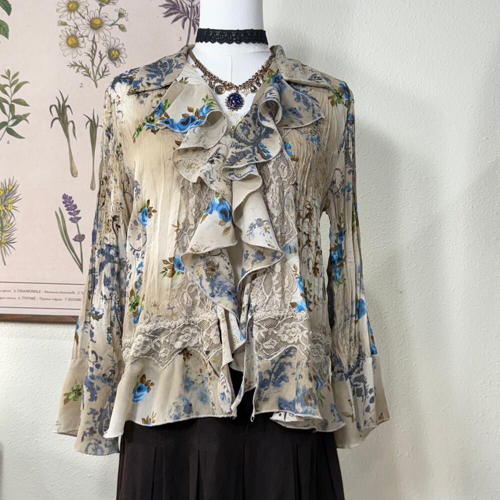 Vtg 90s Y2k Floral Ruffle Lace Button Up Top Romantic Whimsigoth Fairy Grunge M